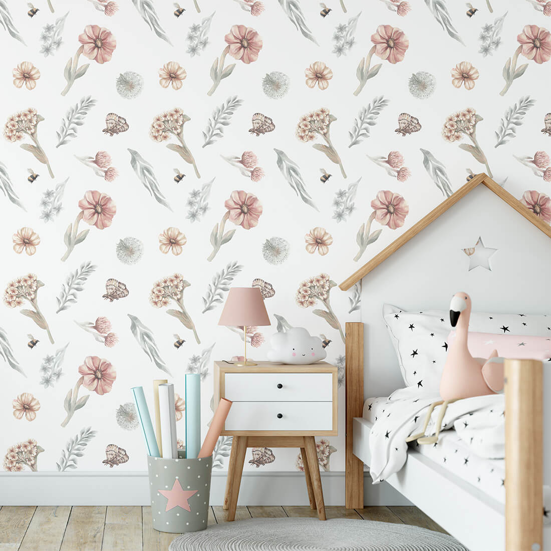 Pastelowe Love Wildflowers bloemenbehang voor meisjeskamer wit roze groen