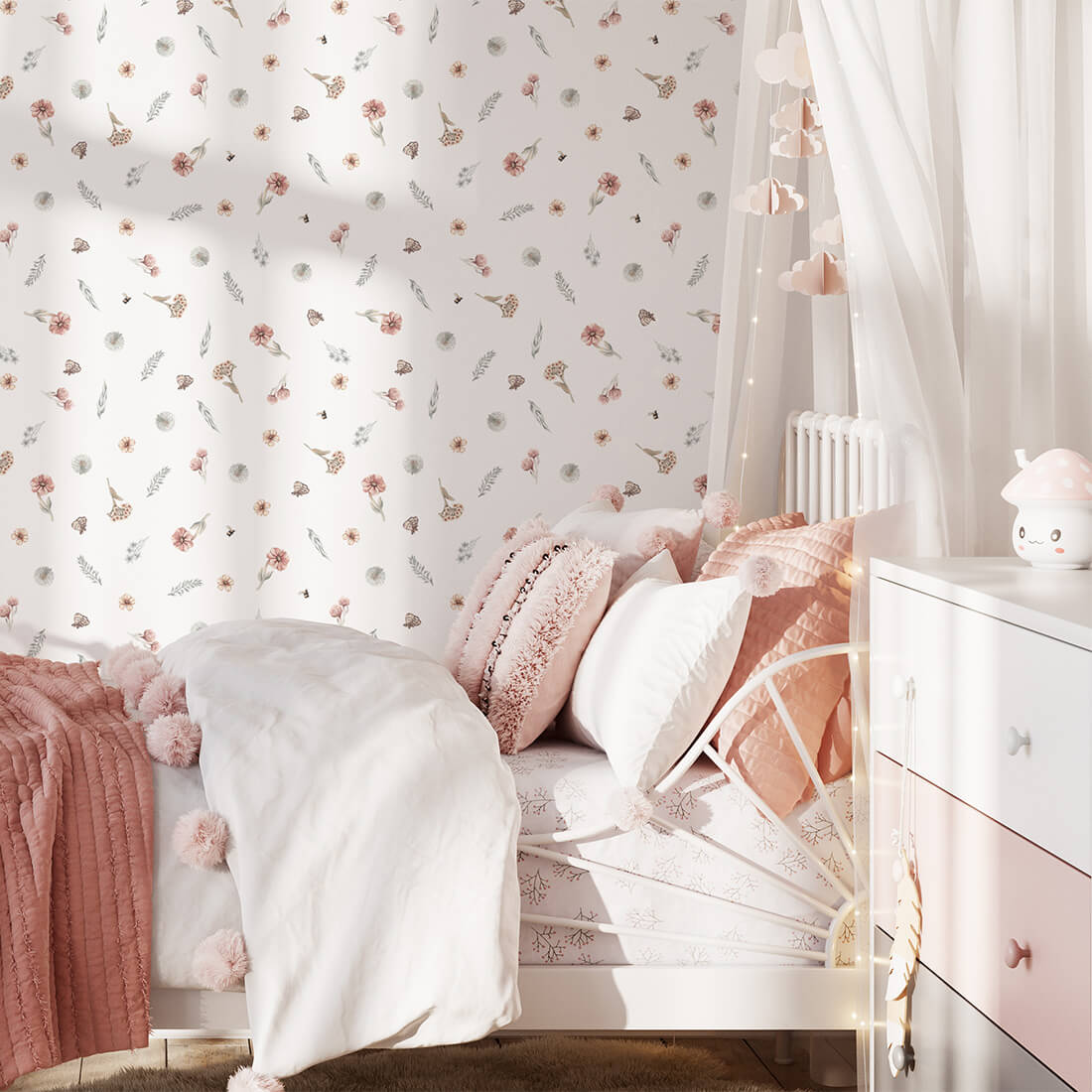 Pastelowe Love Wildflowers bloemenbehang voor meisjeskamer wit roze groen