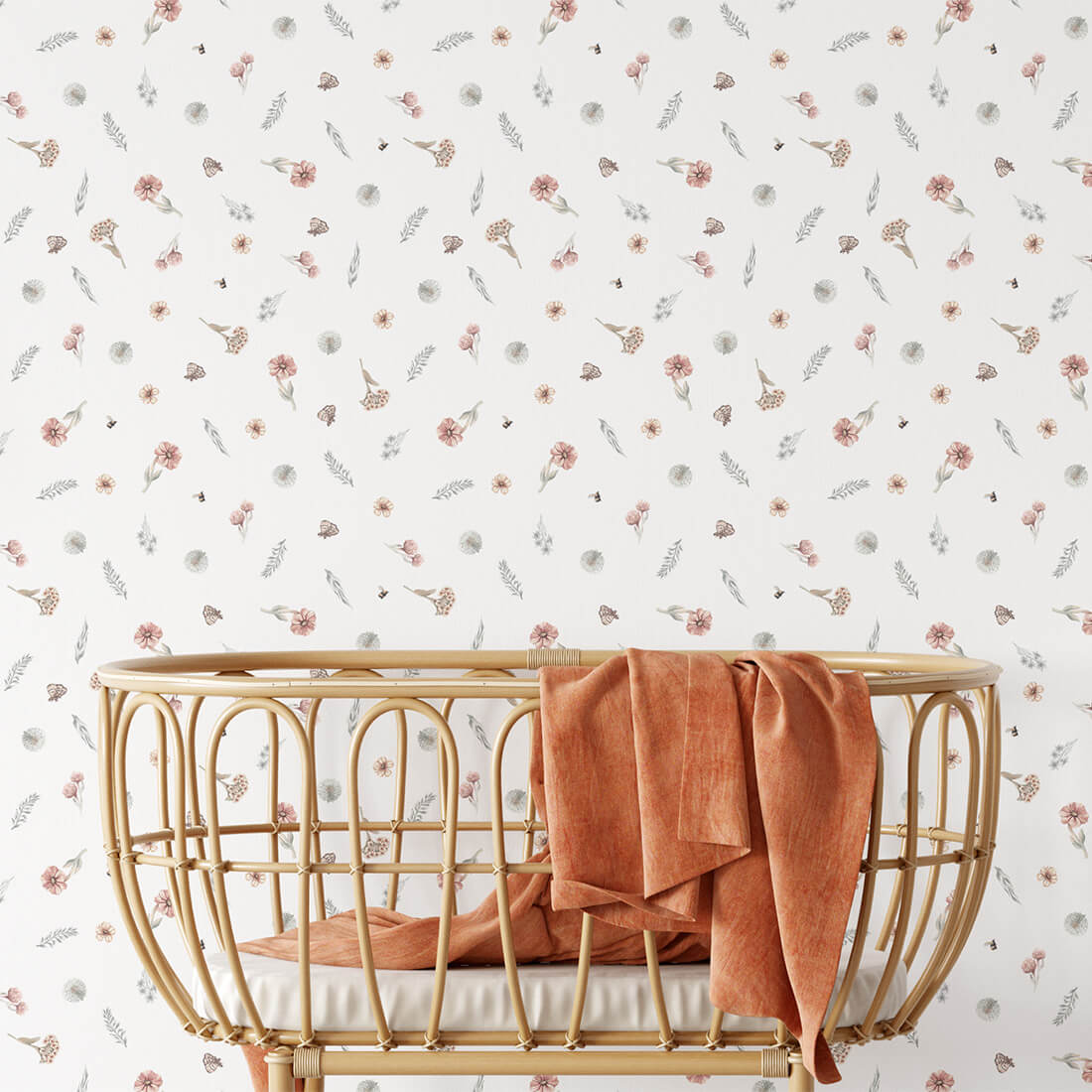 Pastelowe Love Wildflowers bloemenbehang voor meisjeskamer wit roze groen