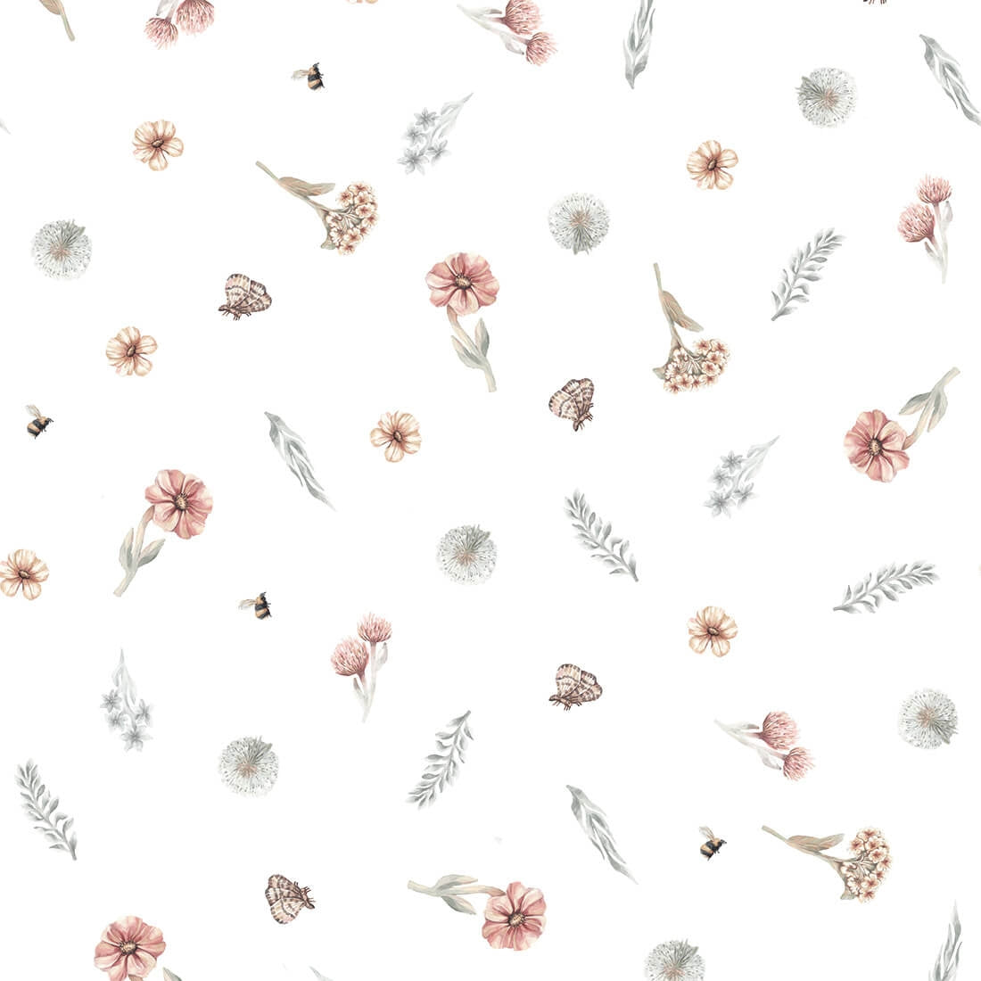 Pastelowe Love Wildflowers bloemenbehang voor meisjeskamer wit roze groen