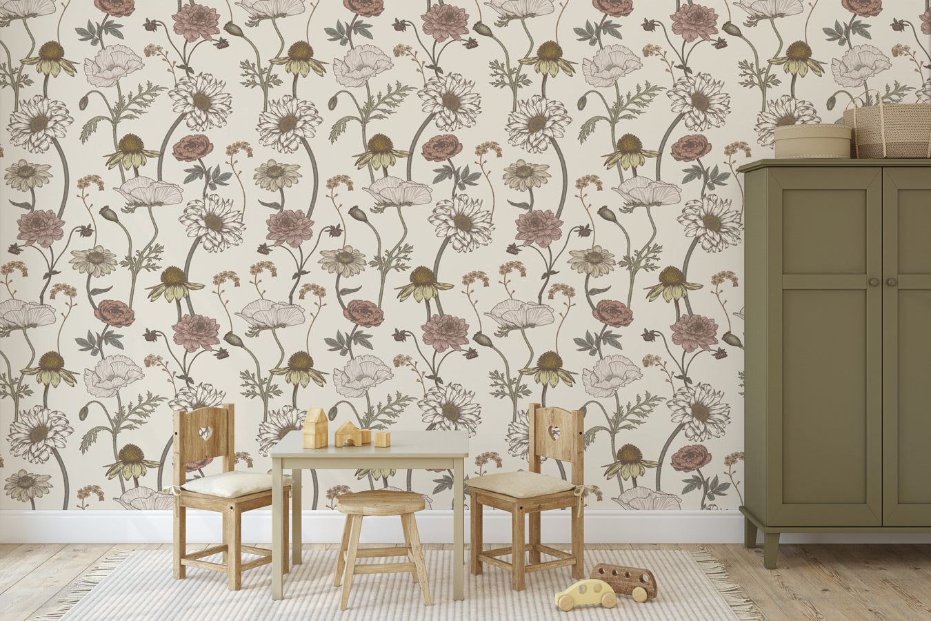 Little Amour behang voor de meisjeskamer met bloemen creme wit