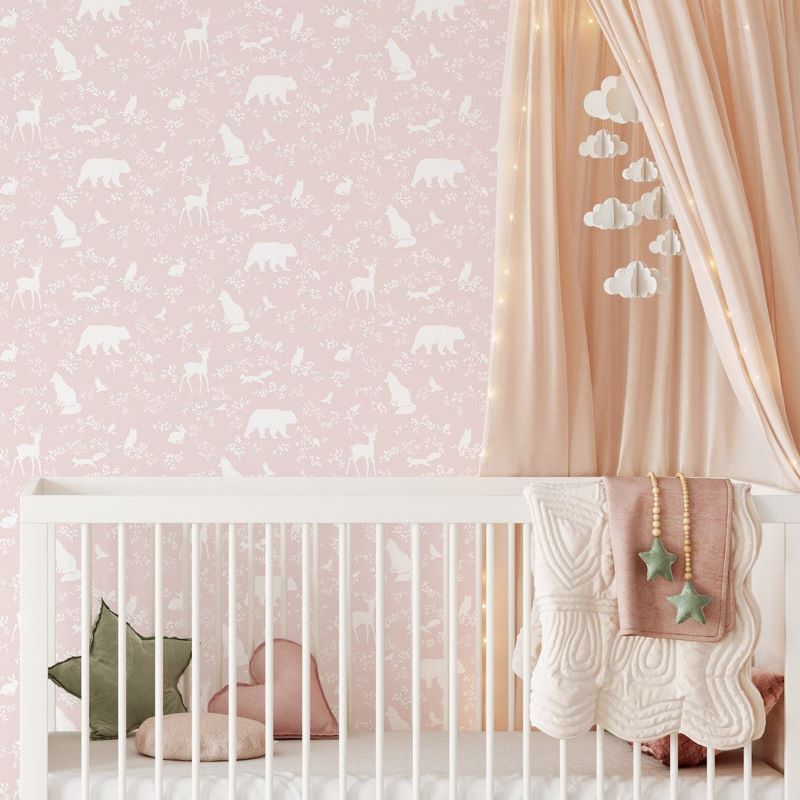 Pastelowe Love kinderbehang bosdieren meisjeskamer roze