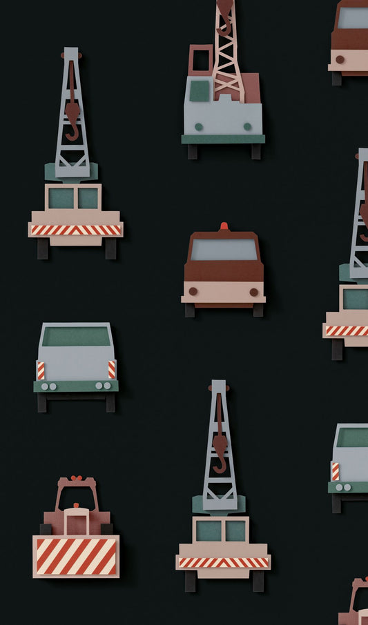 Studio Ditte behang voor de kinderkamer kraanwagens donker