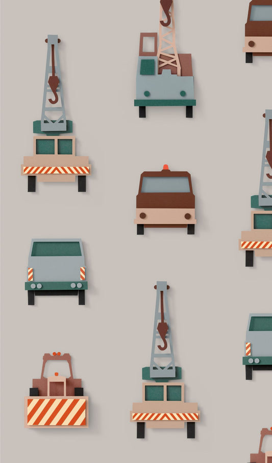 Studio Ditte behang voor de kinderkamer kraanwagens lichtgrijs