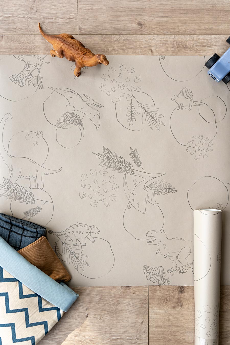 Little Amour Dino behang voor de jongenskamer beige en zand kleur