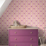 131712 ESTAhome retro ornamenten behang voor meisjeskamer stepen golven sterren manen zonnen roze paars