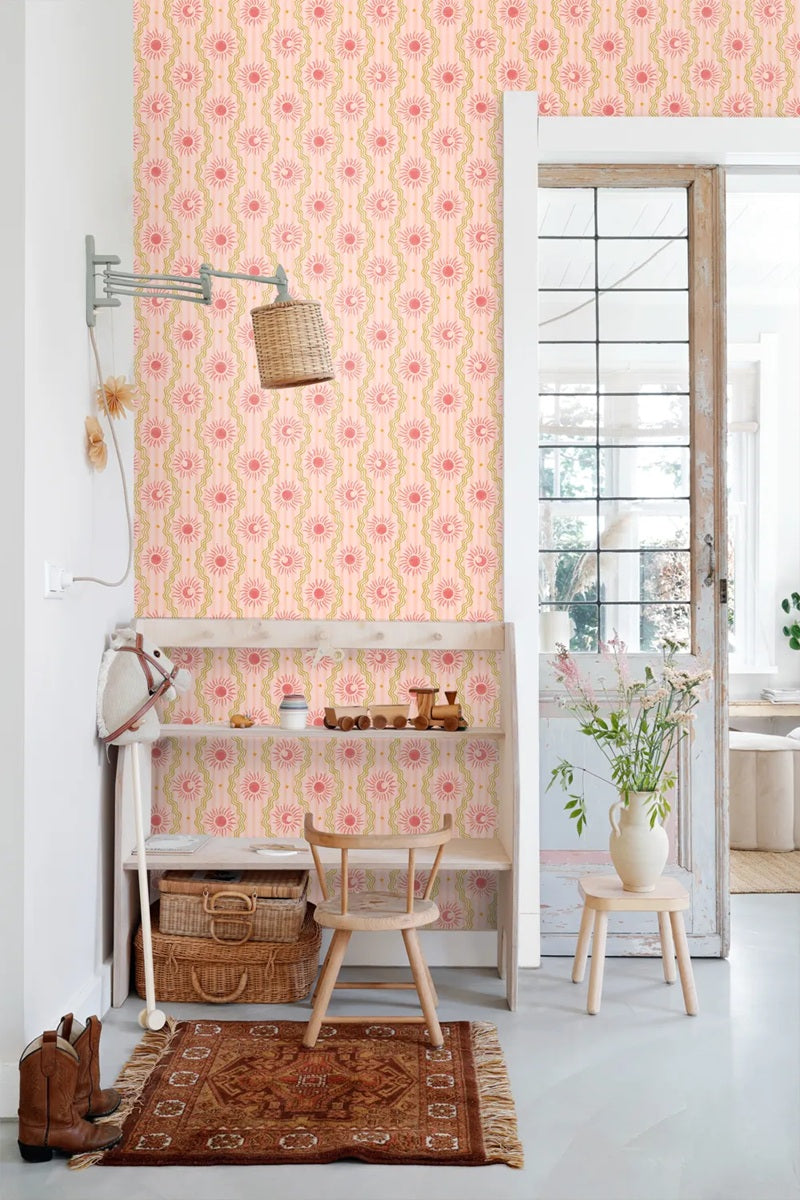 131713 ESTAhome retro ornamenten behang voor meisjeskamer stepen golven sterren manen zonnen roze groen
