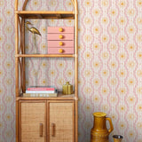 132018 ESTAhome retro ornamenten behang voor meisjeskamer stepen golven sterren manen zonnen roze geel rood