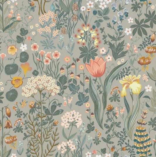 Blomsterhav behang van Borastapeter voor meisjeskamer en tienerkamer grijs met kleuren 2054