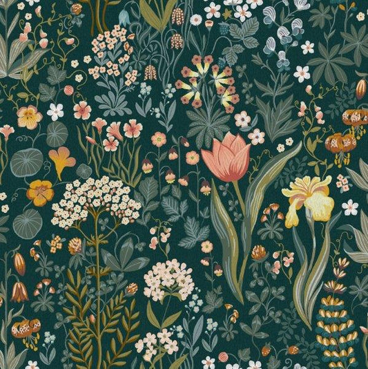 Blomsterhav behang van Borastapeter voor meisjeskamer en tienerkamer donkerblauw met kleuren 2055