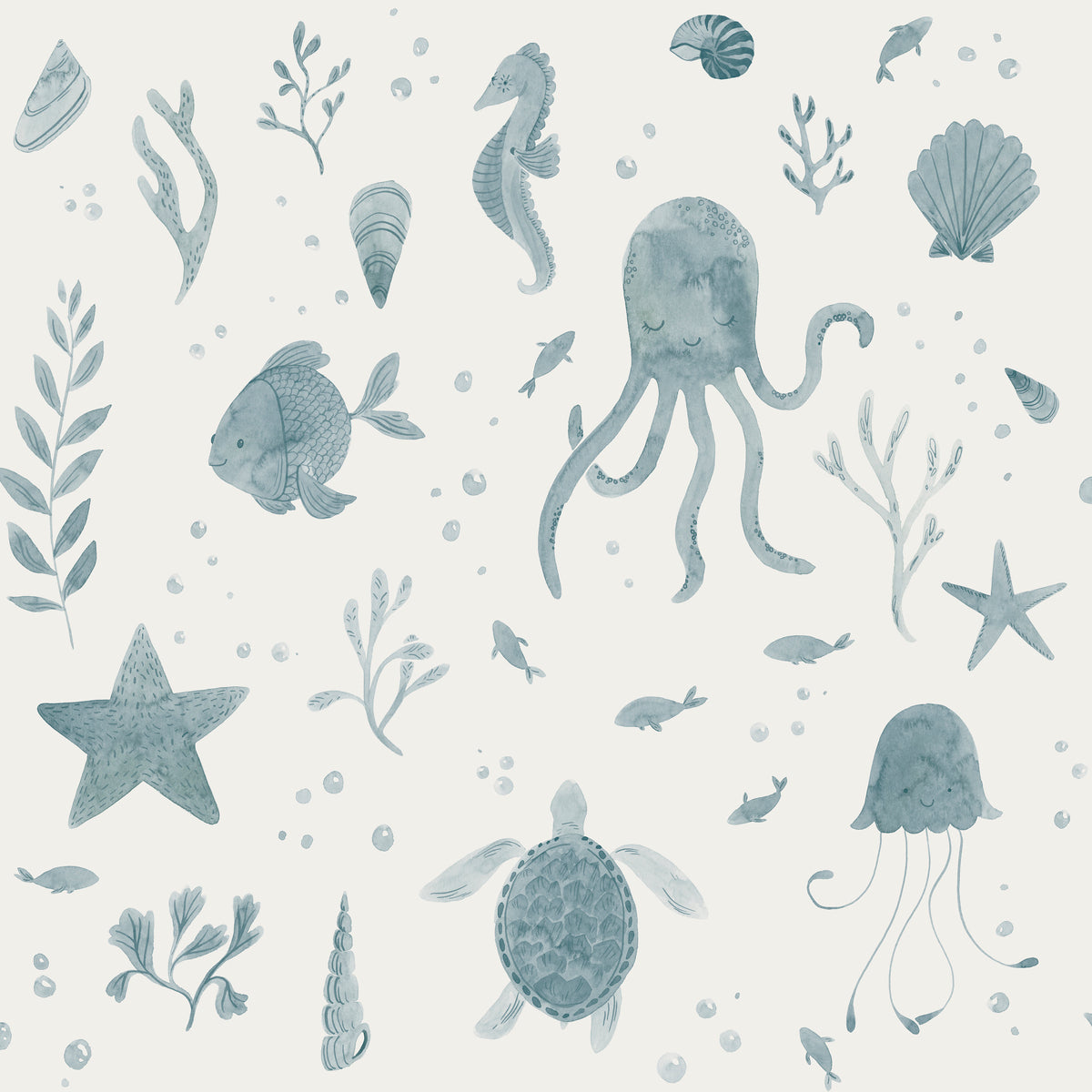 Zeedieren behang Della van Sandberg voor kinderkamer met vissen, kwallen, schildpadden. Leuk voor een jongenskamer, meisjeskamer, neutrale kinderkamer en babykamer. Ocean Blue blauw 243-36