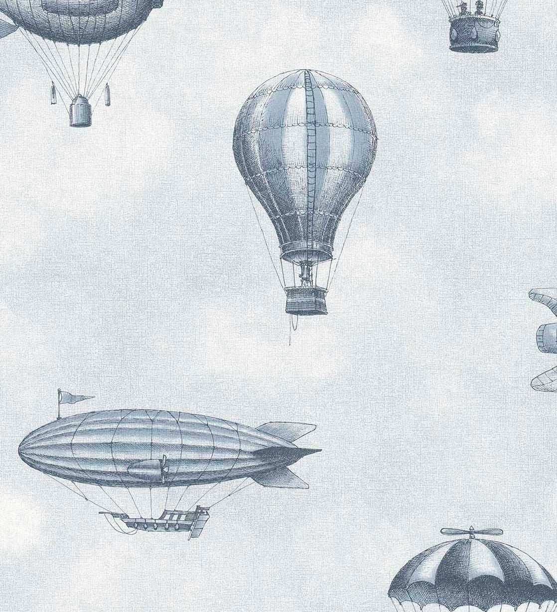 Eijffinger behang kinderkamer tiny treasures luchtballonnen en zeppelins voor jongenskamer en babykamer 363120 blauw 