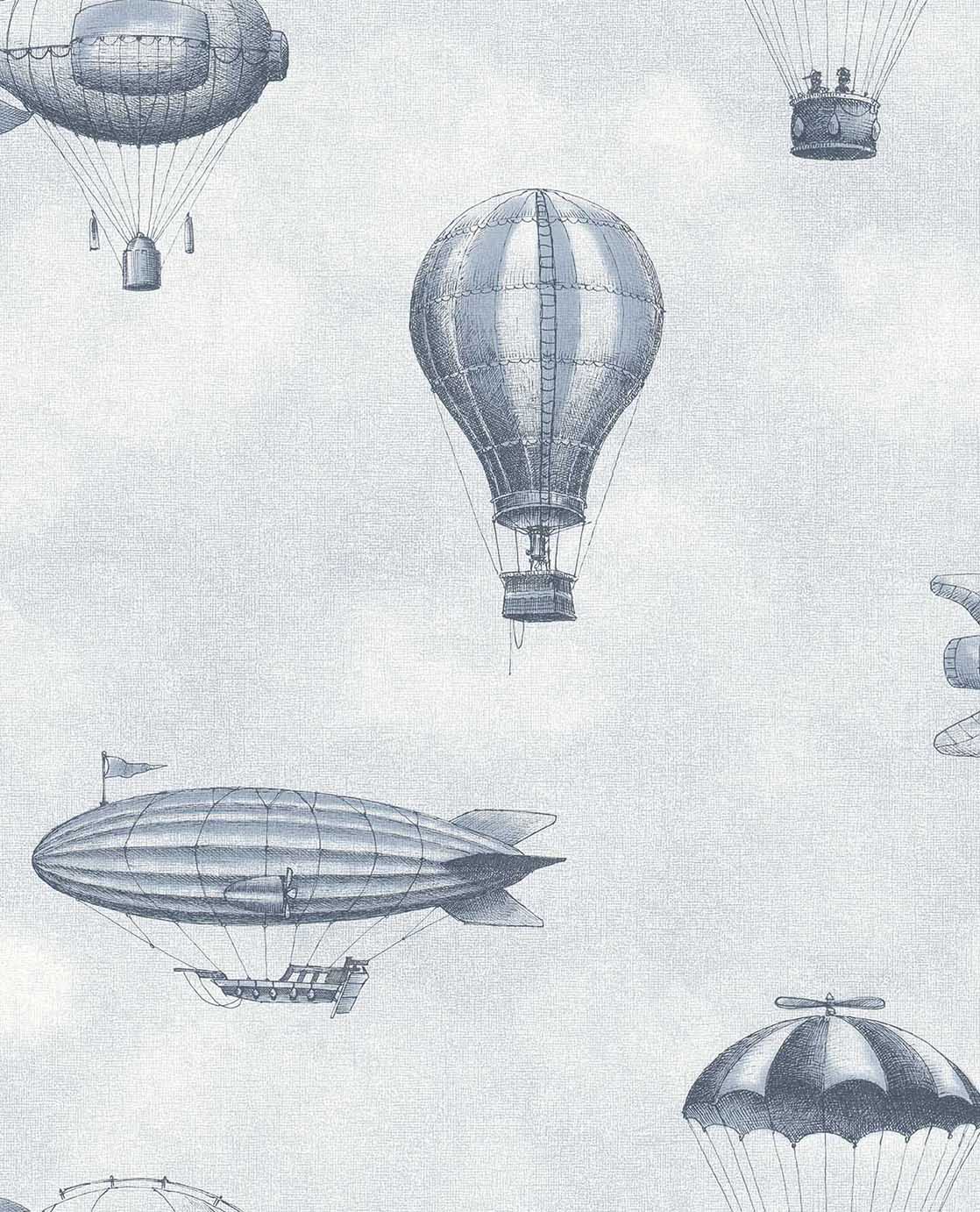 Eijffinger behang kinderkamer tiny treasures luchtballonnen en zeppelins voor jongenskamer en babykamer 363120 blauw 