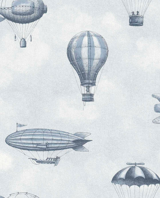 Eijffinger behang kinderkamer tiny treasures luchtballonnen en zeppelins voor jongenskamer en babykamer 363120 blauw 