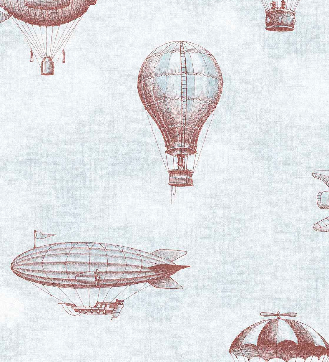 Eijffinger behang kinderkamer tiny treasures luchtballonnen en zeppelins voor jongenskamer en babykamer 363121 blauw bruin