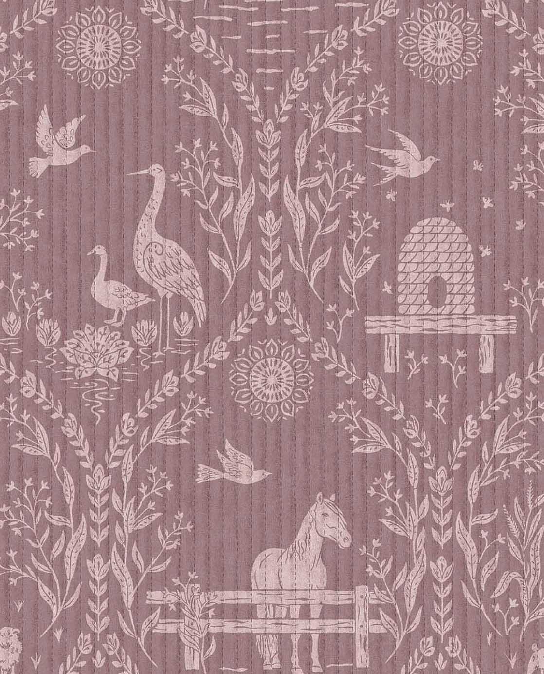 Dieren behang voor de kinderkamer van Eijffinger uit de Tiny Treasures collectie meisjeskamer babykamer 363133 warm paars