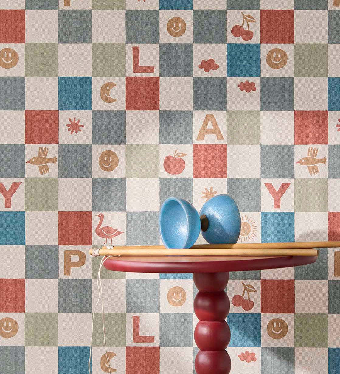 Eijffinger tiny Treasures geblokt behang voor de kinderkamer jongenskamer babykamer rood blauw 363140