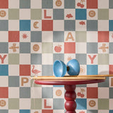 Eijffinger tiny Treasures geblokt behang voor de kinderkamer jongenskamer babykamer rood blauw 363140