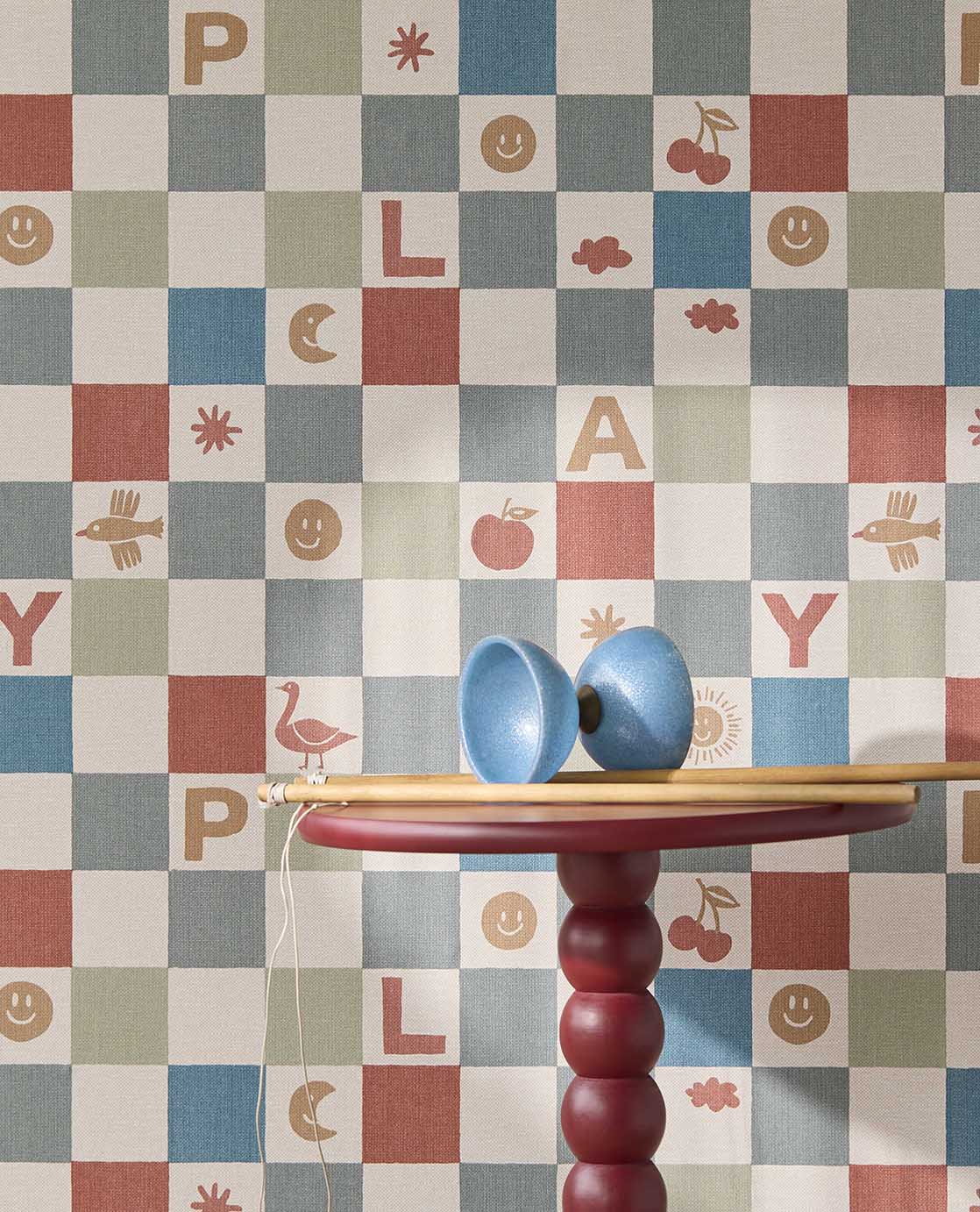 Eijffinger tiny Treasures geblokt behang voor de kinderkamer jongenskamer babykamer rood blauw 363140