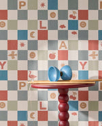 Eijffinger tiny Treasures geblokt behang voor de kinderkamer jongenskamer babykamer rood blauw 363140