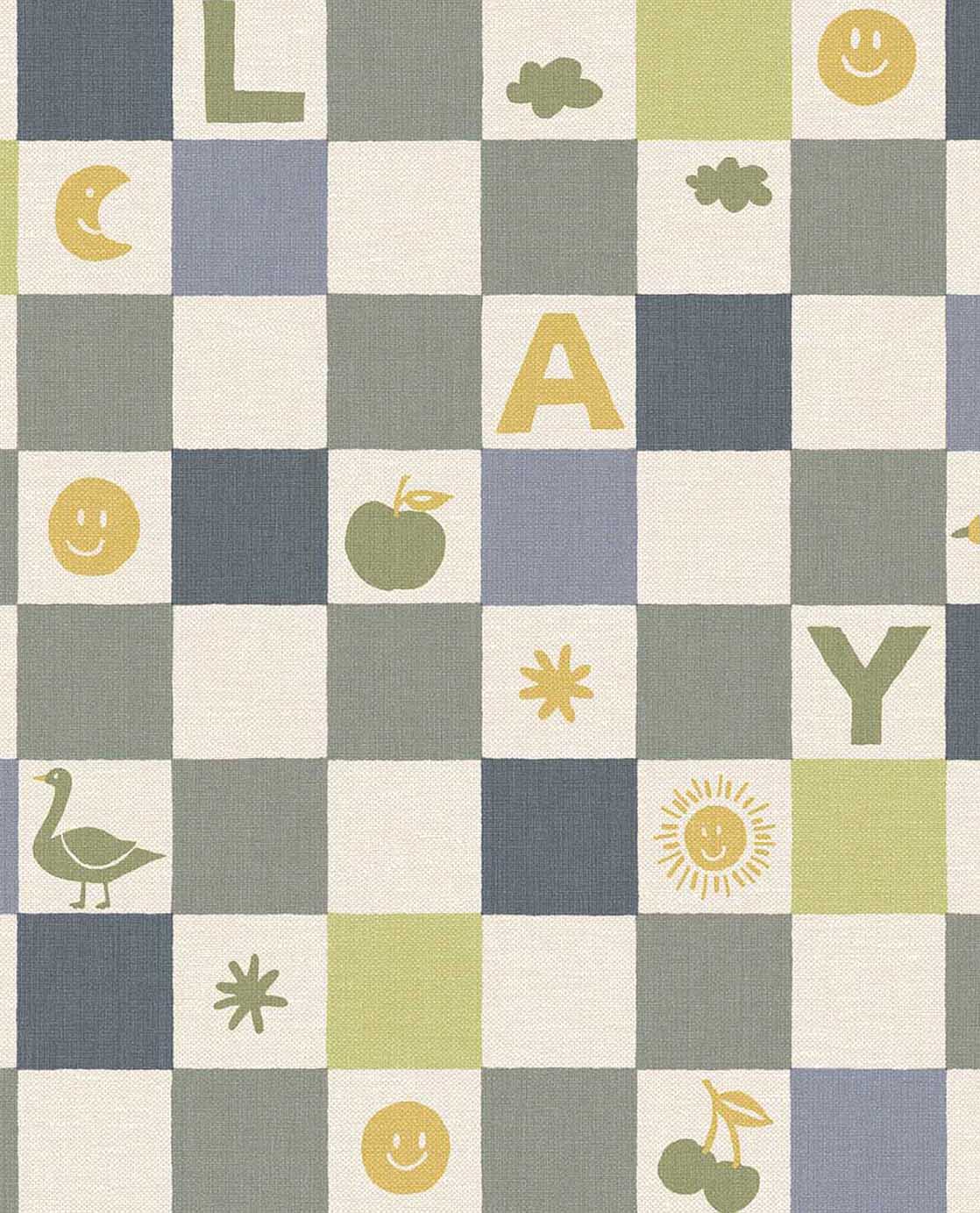 Eijffinger tiny Treasures geblokt behang voor de kinderkamer jongenskamer babykamer groen blauw 363142