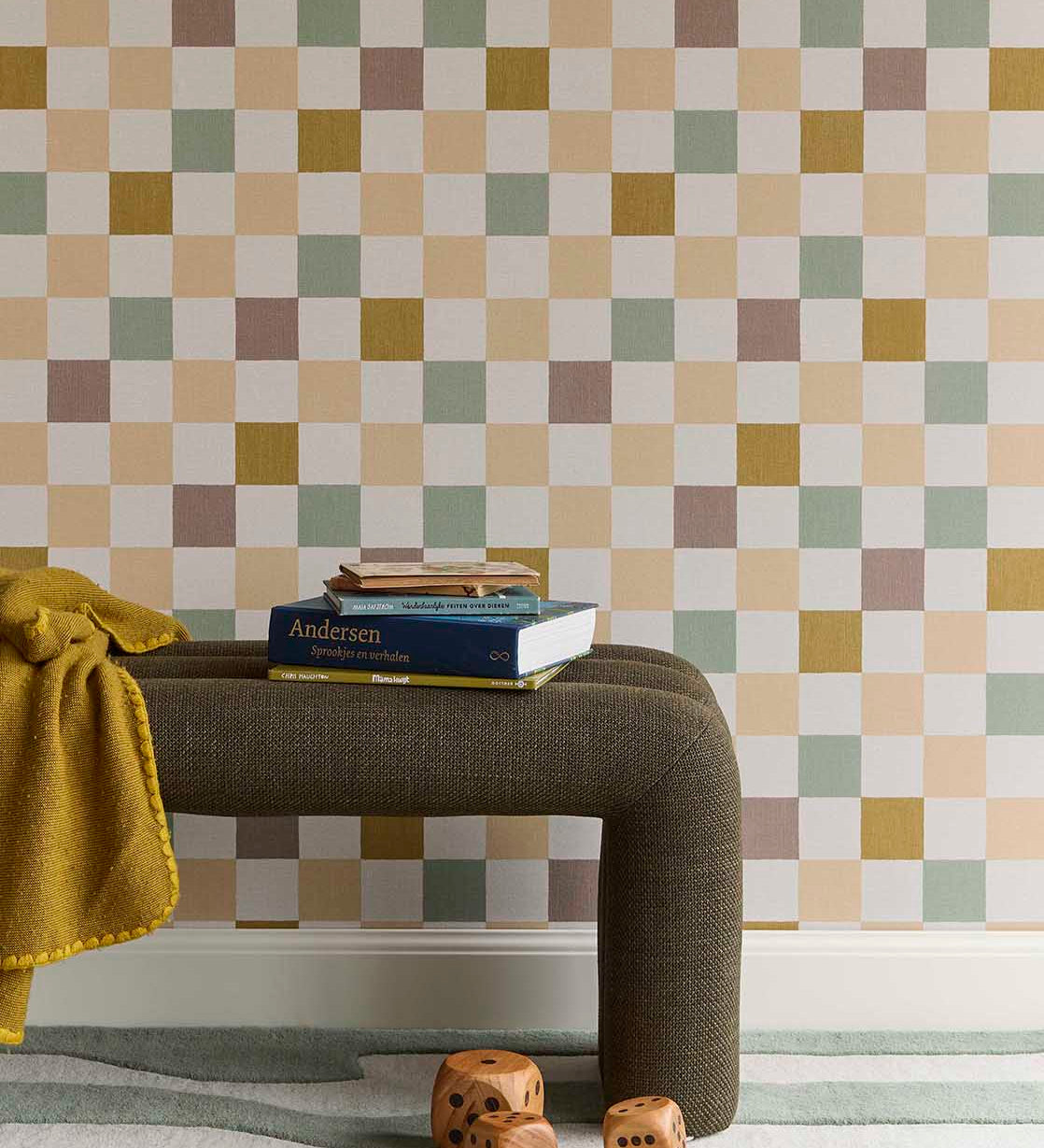 Eijffinger geblokt behang voor de kinderkamer meisjeskamer babykamer tienerkamer pastel blauw oker paars 363147
