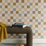 Eijffinger geblokt behang voor de kinderkamer meisjeskamer babykamer tienerkamer pastel blauw oker paars 363147