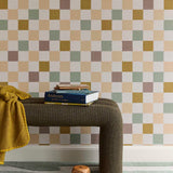 Eijffinger geblokt behang voor de kinderkamer meisjeskamer babykamer tienerkamer pastel blauw oker paars 363147