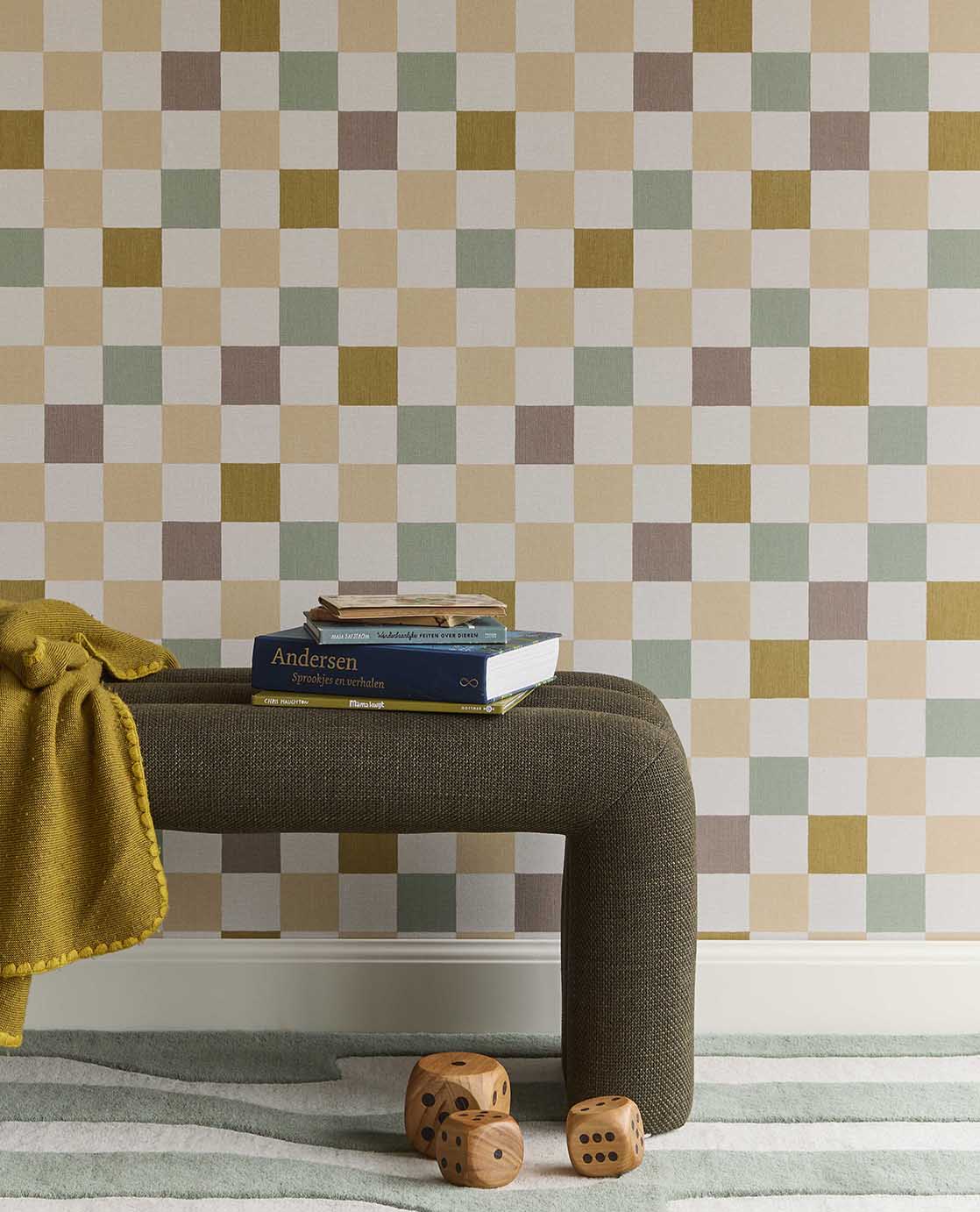 Eijffinger geblokt behang voor de kinderkamer meisjeskamer babykamer tienerkamer pastel blauw oker paars 363147