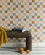 Eijffinger geblokt behang voor de kinderkamer meisjeskamer babykamer tienerkamer pastel blauw oker paars 363147