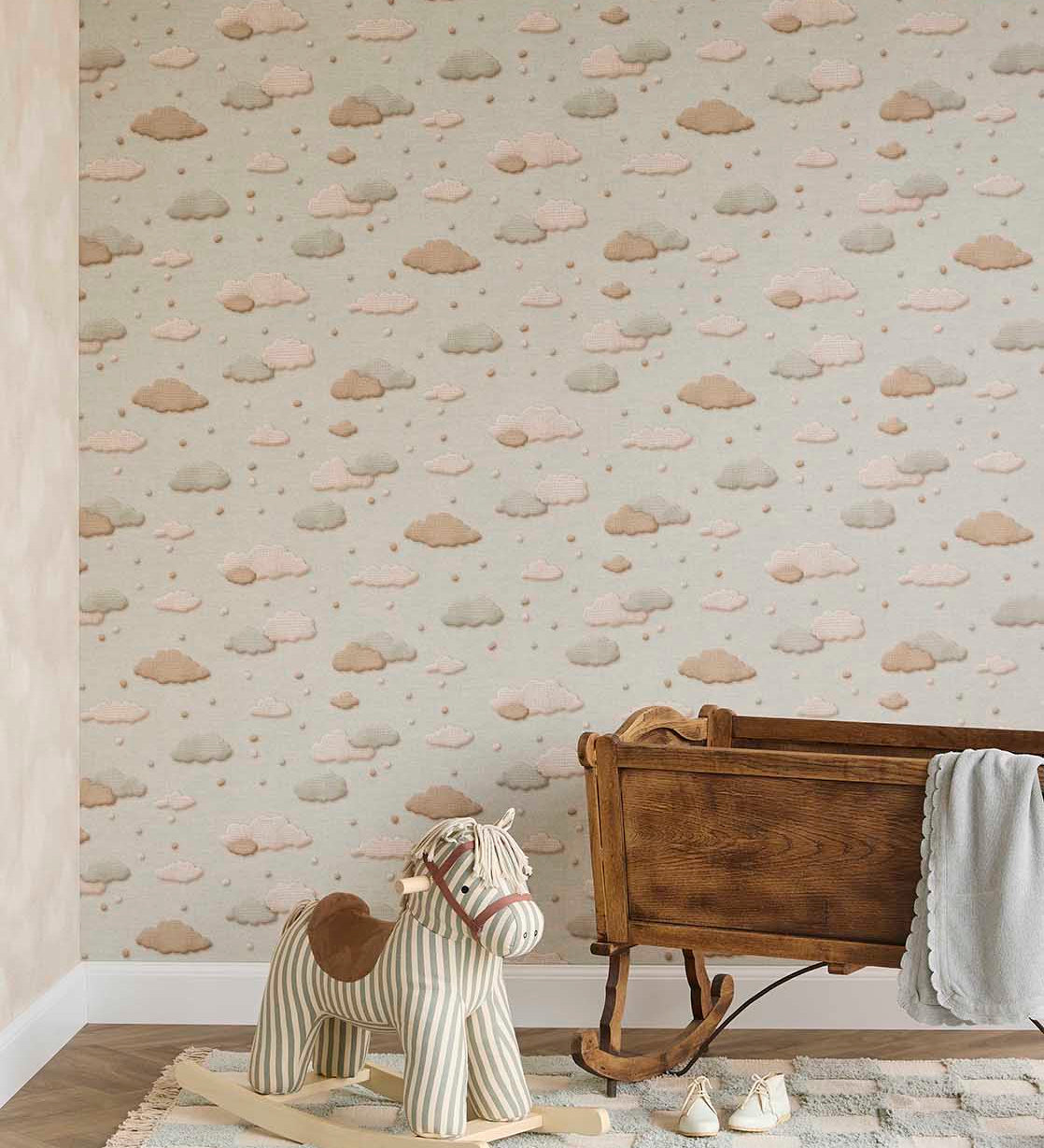 Eijffinger Tiny Treasures wolken behang voor de kinderkamer jongenskamer blauw bruin 363161