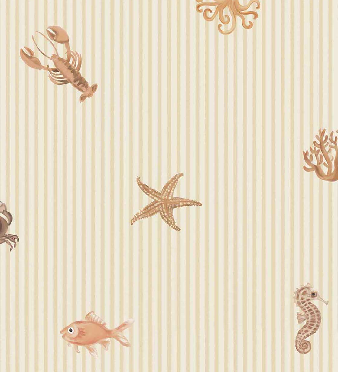 Eijffinger Tiny Treasures strepen behang met zeedieren voor de kinderkamer jongenskamer meisjeskamer beige 363170