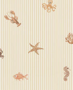 Eijffinger Tiny Treasures strepen behang met zeedieren voor de kinderkamer jongenskamer meisjeskamer beige 363170