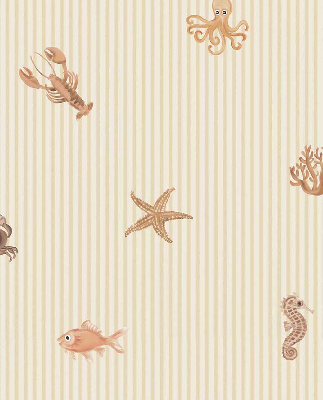 Eijffinger Tiny Treasures strepen behang met zeedieren voor de kinderkamer jongenskamer meisjeskamer beige 363170