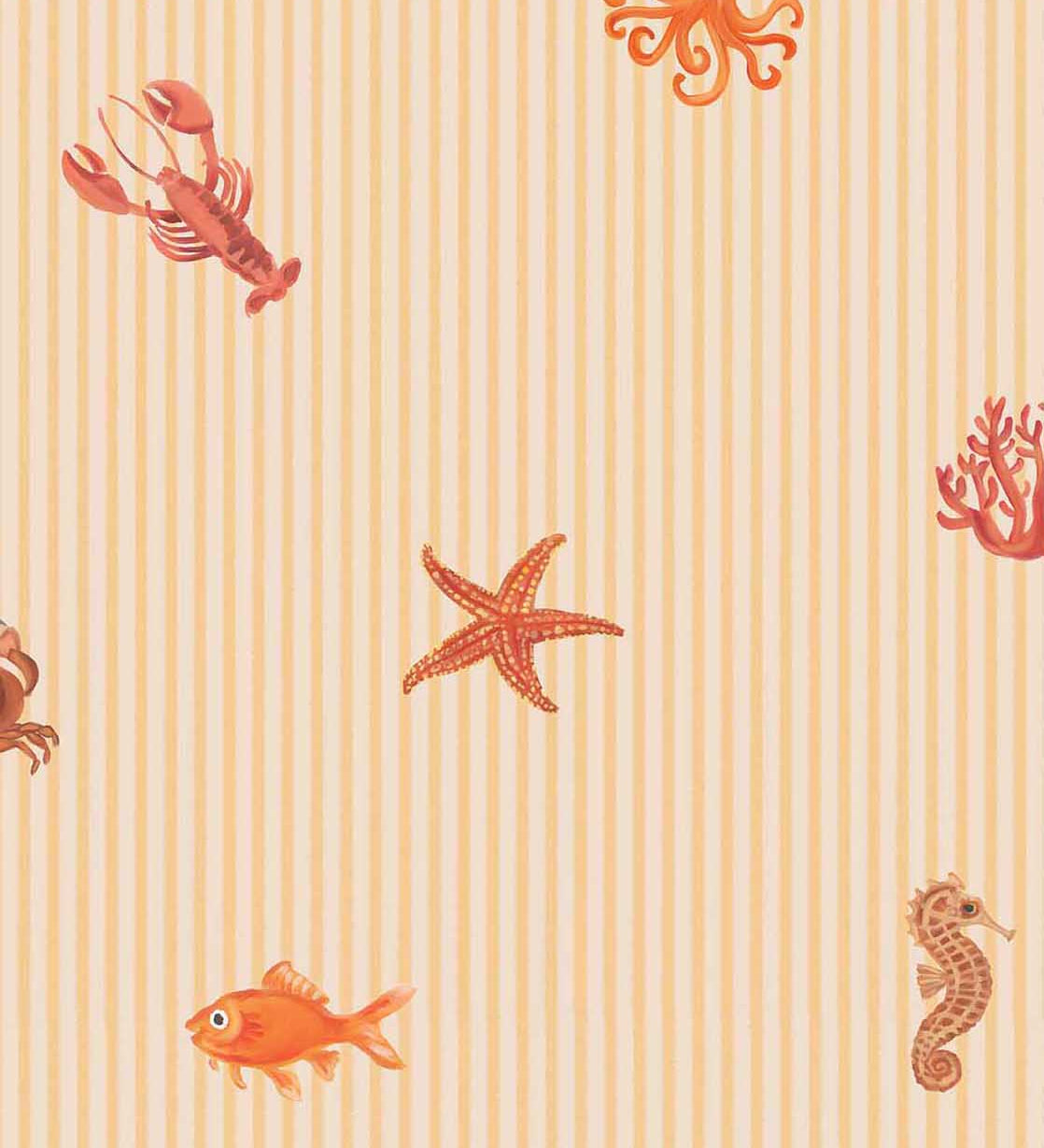 Eijffinger Tiny Treasures strepen behang met zeedieren voor de kinderkamer jongenskamer meisjeskamer warm geel oranje 363171