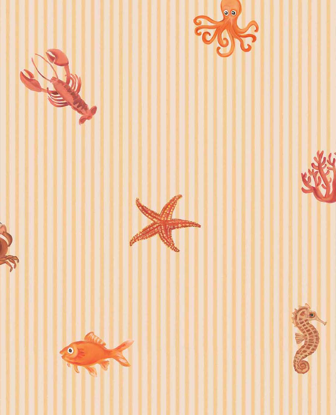 Eijffinger Tiny Treasures strepen behang met zeedieren voor de kinderkamer jongenskamer meisjeskamer warm geel oranje 363171