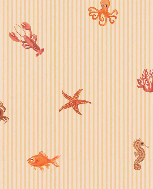 Eijffinger Tiny Treasures strepen behang met zeedieren voor de kinderkamer jongenskamer meisjeskamer warm geel oranje 363171