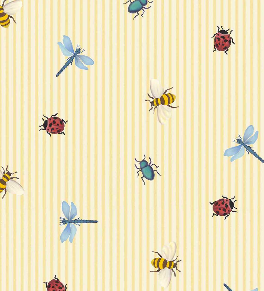 Eijffinger Tiny Treasures strepen behang met insecten voor de kinderkamer meisjeskamer geel 363180