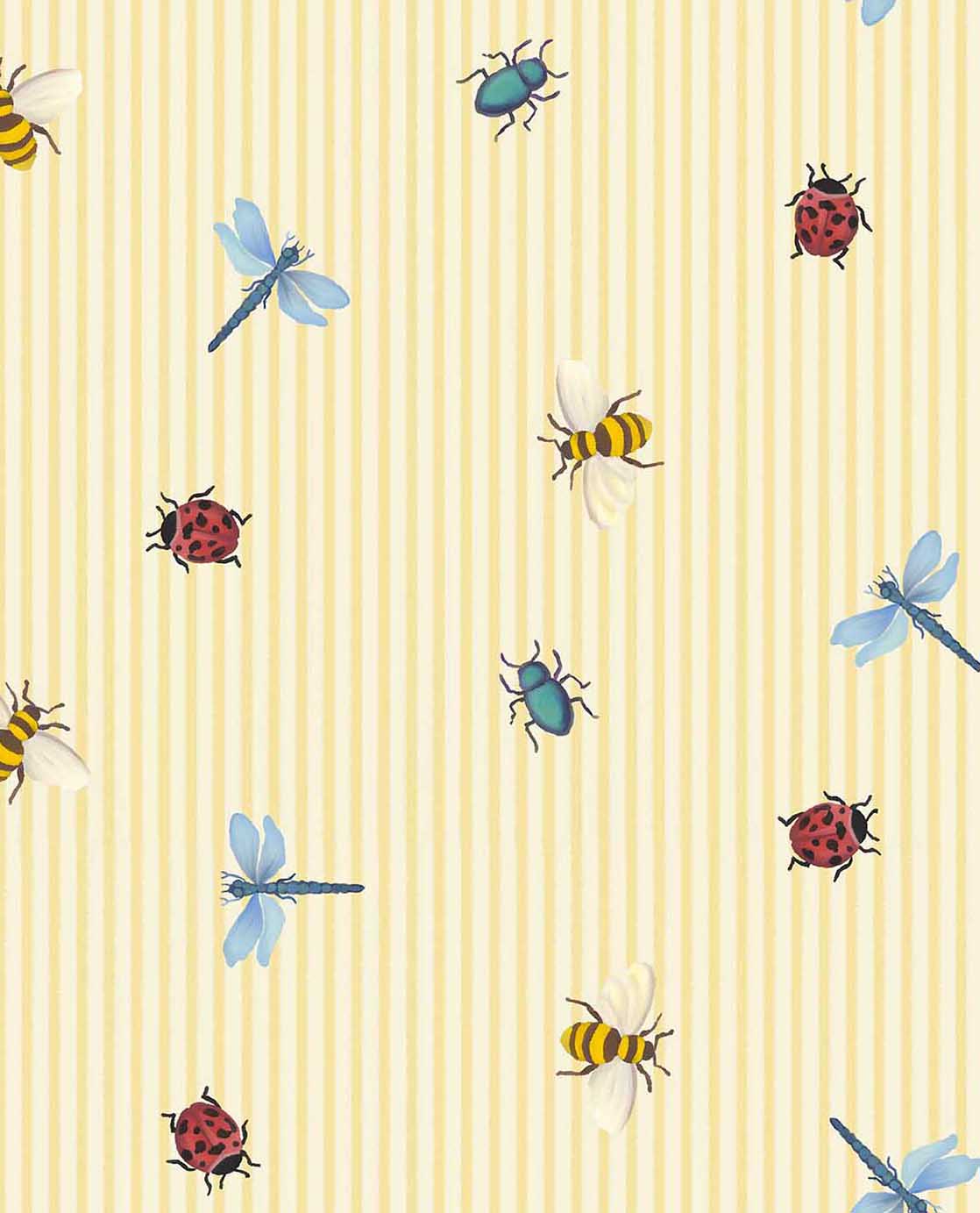 Eijffinger Tiny Treasures strepen behang met insecten voor de kinderkamer meisjeskamer geel 363180