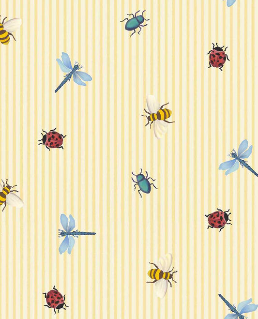 Eijffinger Tiny Treasures strepen behang met insecten voor de kinderkamer meisjeskamer geel 363180