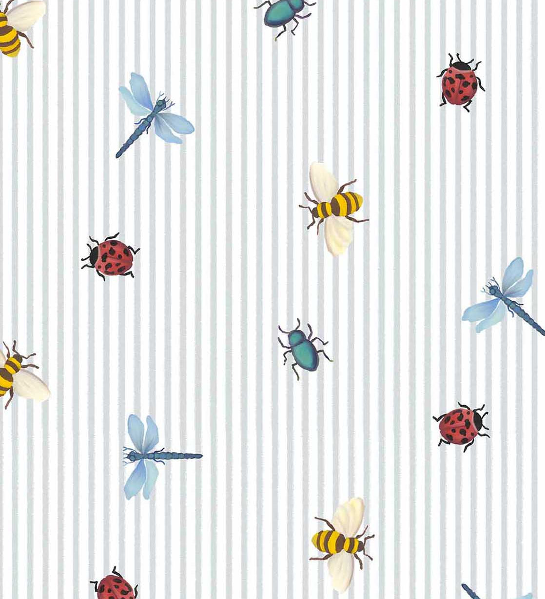 Eijffinger Tiny Treasures strepen behang met insecten voor de kinderkamer jongenskamer meisjeskamer lichtblauw 363181