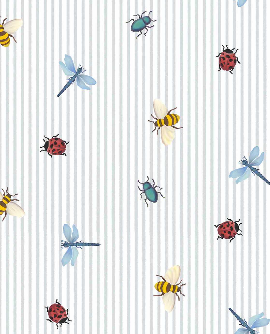 Eijffinger Tiny Treasures strepen behang met insecten voor de kinderkamer jongenskamer meisjeskamer lichtblauw 363181
