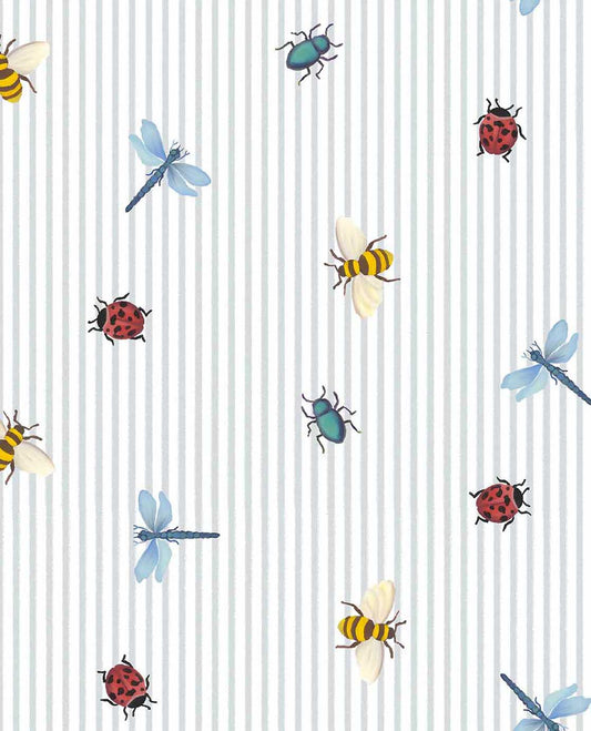 Eijffinger Tiny Treasures strepen behang met insecten voor de kinderkamer jongenskamer meisjeskamer lichtblauw 363181