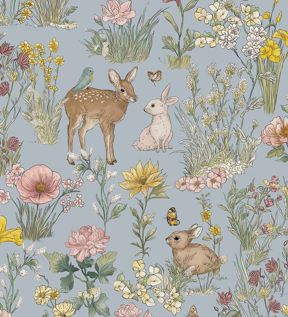 Bosdieren behang meisjeskamer eijffinger tiny treasures kinderbehang 363193 lichtblauw