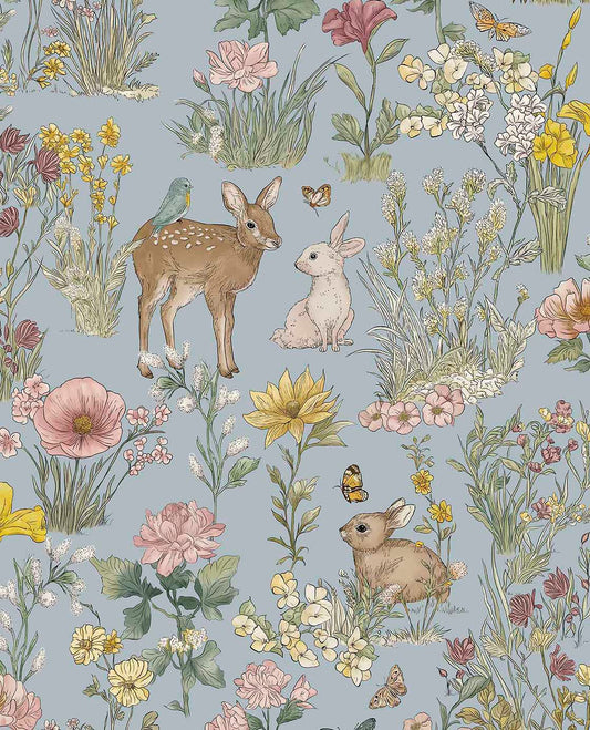 Bosdieren behang meisjeskamer eijffinger tiny treasures kinderbehang 363193 lichtblauw