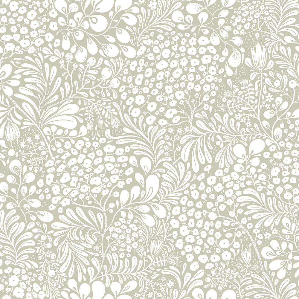 Midbec Siv bladeren en bloemen behang voor de babykamer of meisjeskamer warm beige 65131