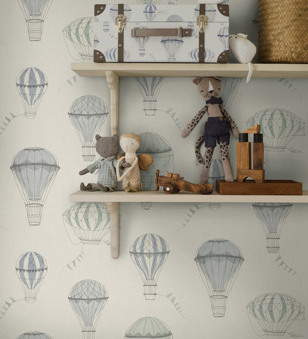 Borastapeter up in the sky luchtballonnen behang voor een jongenskamer of babykamer neutrale kleuren 6940