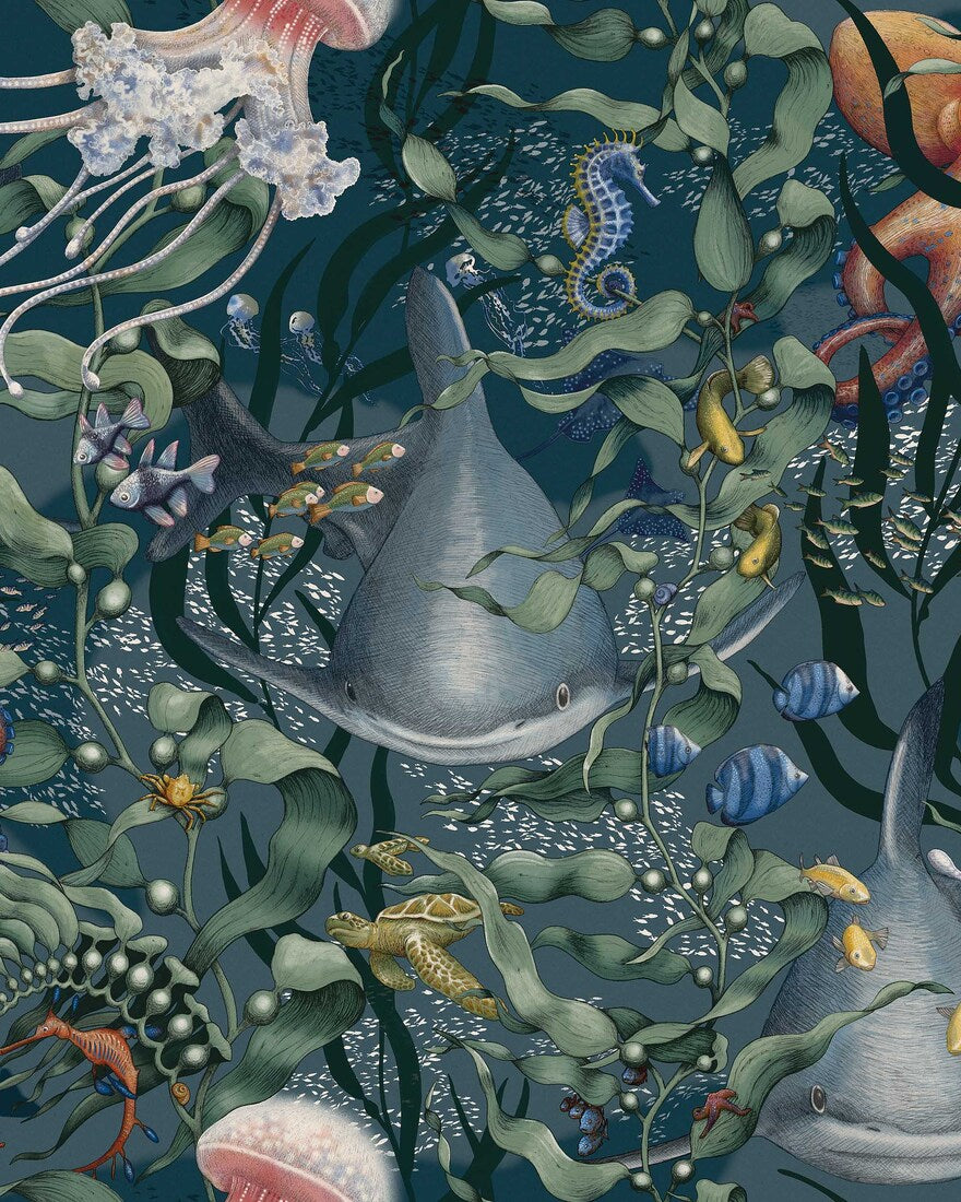 Underwater Magic Borastapeter zeedieren onderwater wereld behang voor de kinderkamer jongenskamer donkerblauw 8153