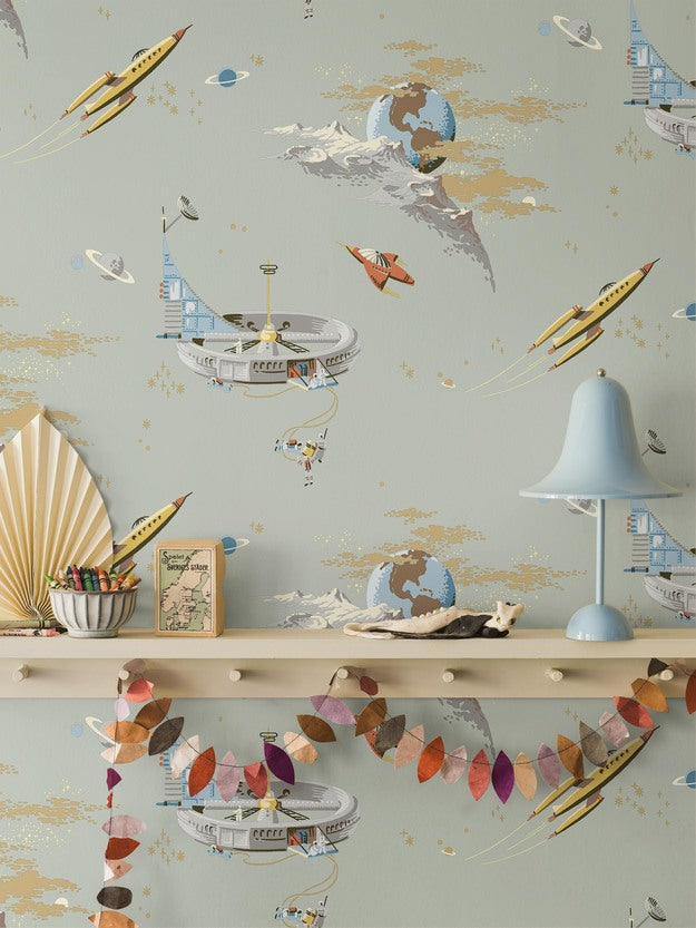 Space Adventure Borastapeter Fairyland ruimte behang voor de jongenskamer lichtgroen 8154