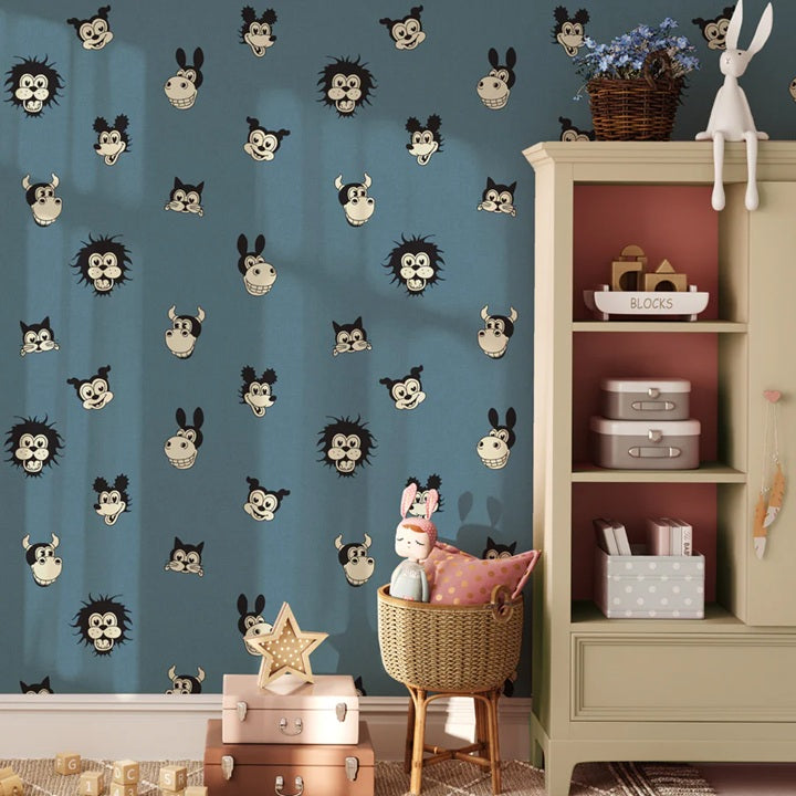 Annet Weelink vintage cartoon behang voor de kinderkamer blauw jongenskamer petrol 